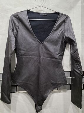 Naked Wardrobe Brown Faux Leather V-Neck Bodysuit KIMK